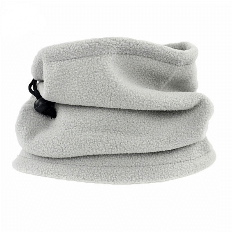 Alt Tag: Gray polar fleece neck cover with drawcord for outdoor sports, offering warmth and moisture-wicking features, perfect for hiking.